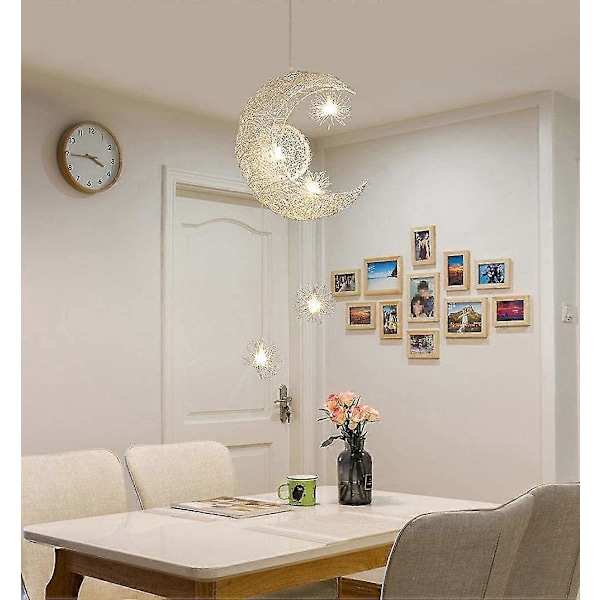 Lysekrone Måne Stjerner LED Taklampe Aluminium med 5 Pærer for Barnerom (hvitt Lys)