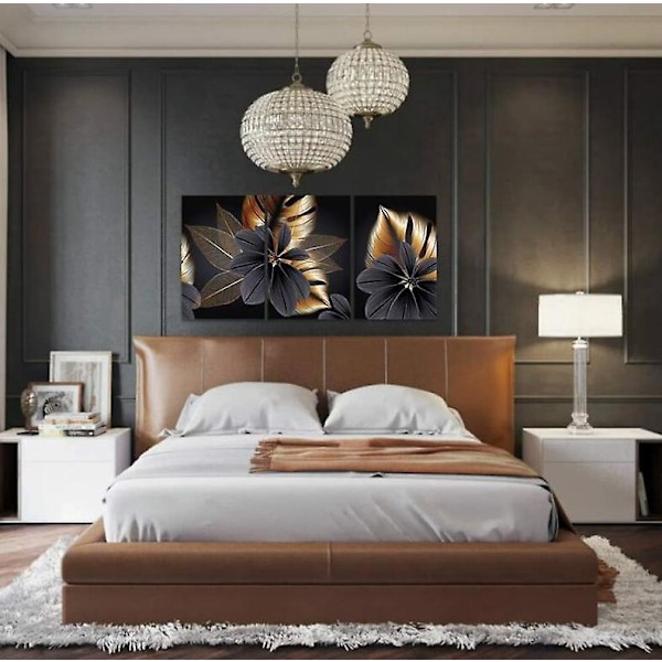Modern svart bladmönster canvas väggkonst - Set med 3 tryck (30*40cm)