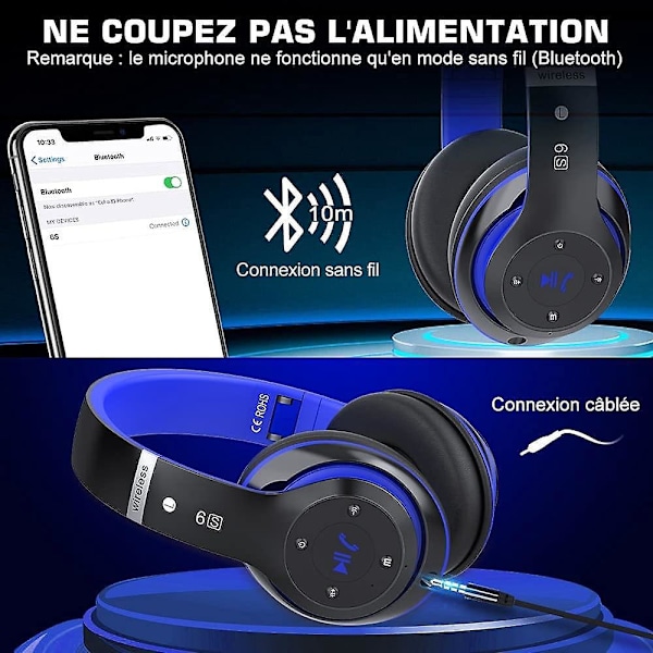 Langattomat Bluetooth 6s -kuulokkeet - High-Fidelity Stereo sisäänrakennetulla mikrofonilla, taitettavat langattomat nappikuulokkeet iPhonelle