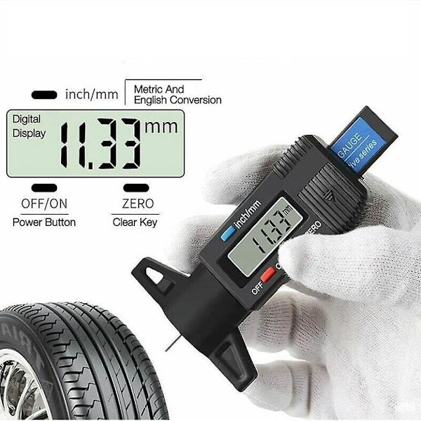 Digitaalinen renkaan kulutuspinnan syvyysmittari 0-25 mm autoille, moottoripyörille, kuorma-autoille - Metrinen/tuuman LCD-näyttö