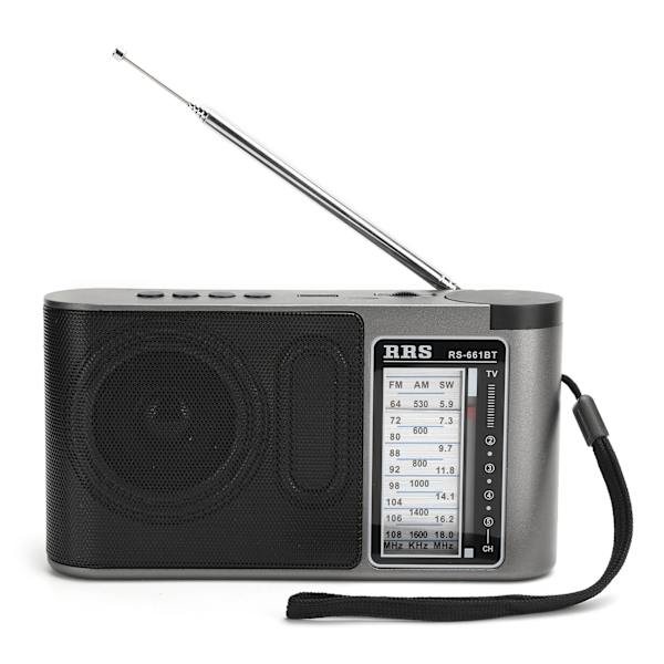 Bærbar Bluetooth 4.0 radiomottaker med flere bånd og manuell innstilling med teleskopantenne, grå