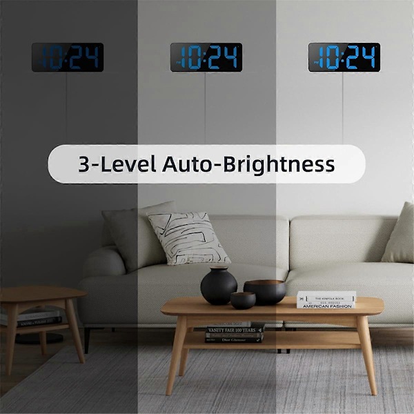 LED Digital Väggklocka med Stora Siffror, Automatisk Dimning