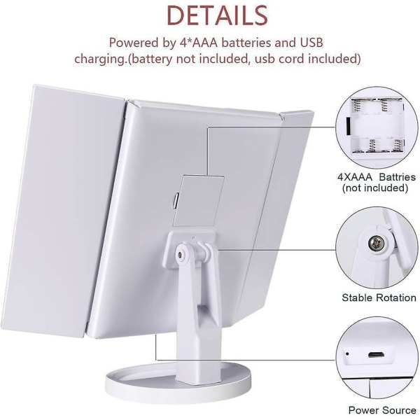 Trefaldig LED sminkspegel med 22 lampor, pekskärm, 2x 3x 10x förstoring, 180 graders rotation