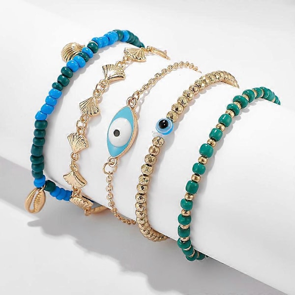 Simsly 5 Stk. Boho Ankelkæder Sæt Strand Perler Ankelkæder Legering Skal Ankelkæder Ris Perler Ankel Ondt øje p