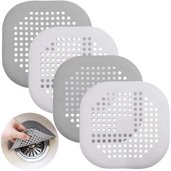 Vita och gråa silikonavloppsskydd med sugkoppar för dusch, handfat och badkar - 4-pack