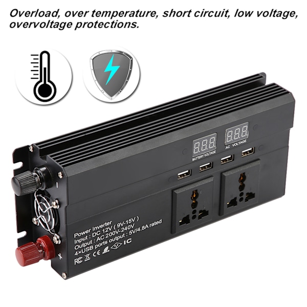 DC 12V til 220-240V 1200W / 3000W Auto Spændingstransformator Inverter Konverter Biloplader EU Stik