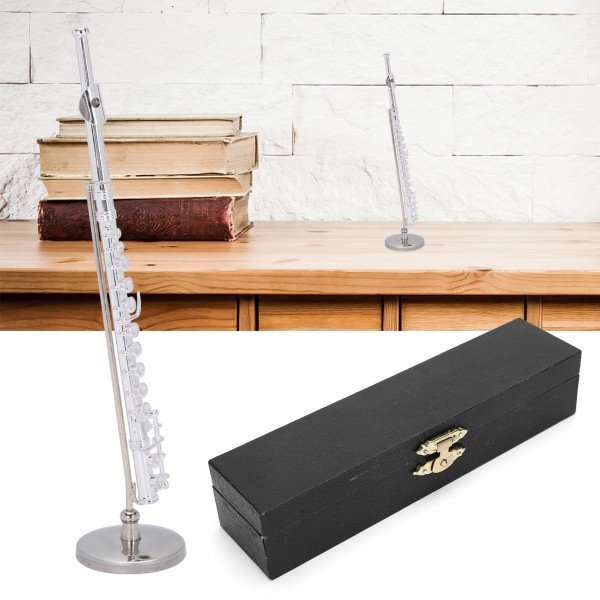 Kobber miniatyrfløyte med stativ Mini musikkinstrument modell tilbehør gave (sølv)