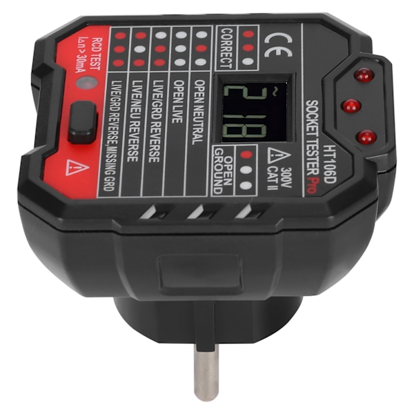 HT106D Digital Display Socket Detector Bærbar Fase Strøm Polaritet Tester EU Plugg 110-220V