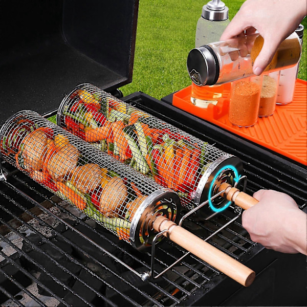 2 stk. BBQ Kurv Rullende Grillkurver med Trehåndtak Rustfritt Stål Mesh Grillverktøy Lett å Rengjøre Utendørs Grilltilbehør