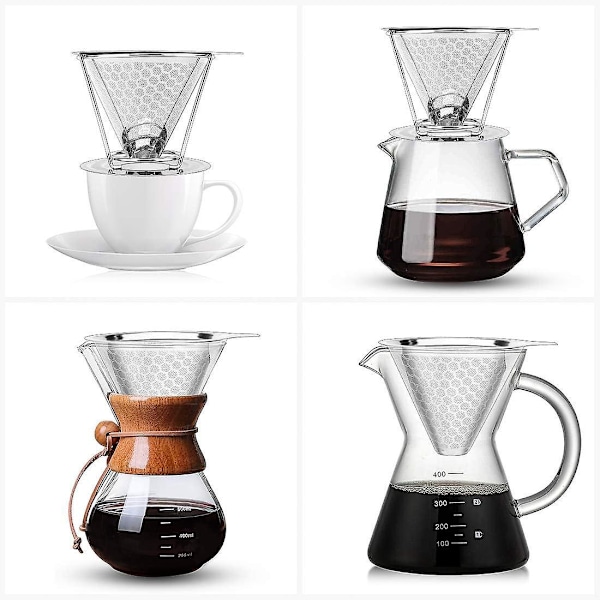 Återanvändbara Kaffefilter, Permanent Filter i Rostfritt Stål - Dubbellagers Precisionsfilterhållare - Handhållet Kaffefilter - Kaffedroppare i Metallkon