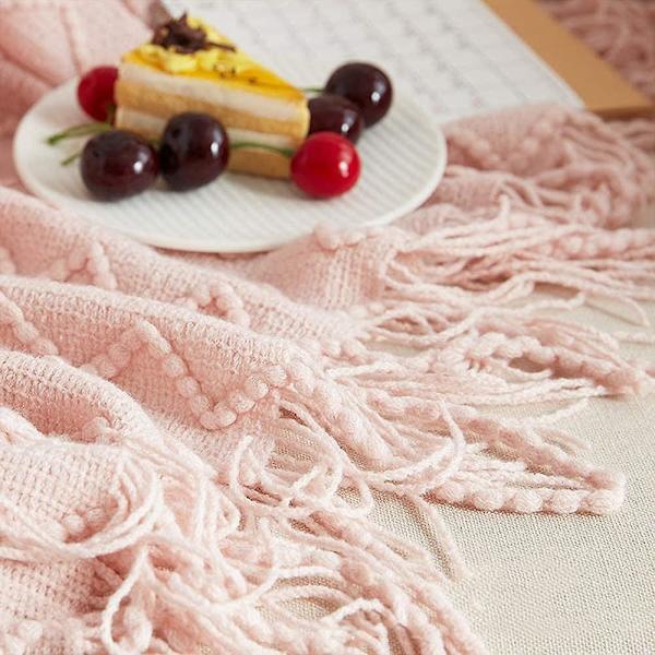Blød strikket pom pom tæppe, 127x180cm, Rose, hyggeligt sofabetræk, fleece tæppe til aircondition