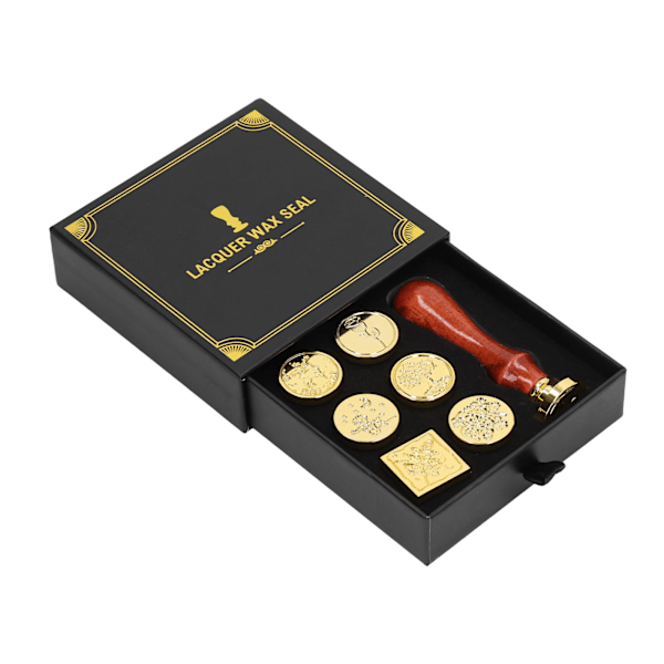 Europæisk Retro Voksstempel Kit med Aftagelige 7 Vintage Stempelhoveder Klar Gravering Voksstempel Forseglings Kit til Kuvert Sort Æske