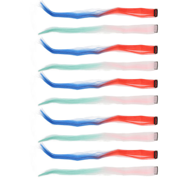 10 stk fargerike hårforlengelser med klips - lange striper - farget hårstykke med klips - rosa gradient grønn og rød gradient blå