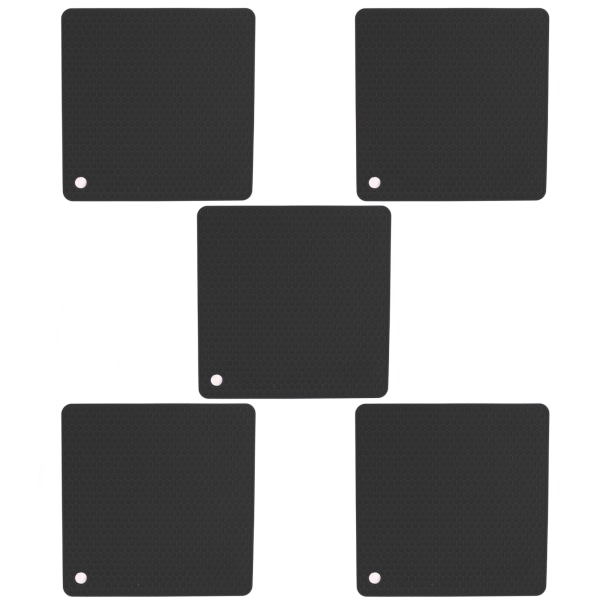 5 stk Silikon Gryteunderlag Matte Varmebestandig Antiskli Firkant Honeycomb Trivet Matte Varme Puter for Kjøkkenbenk Svart