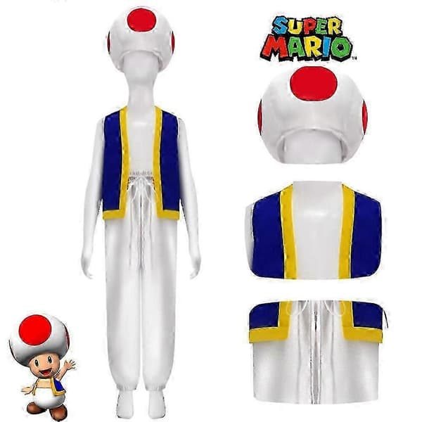 Aikuisten Super Mario Bros 2 Toad -cosplay-asu, paita + housut + hattu, polyesteri 2XL