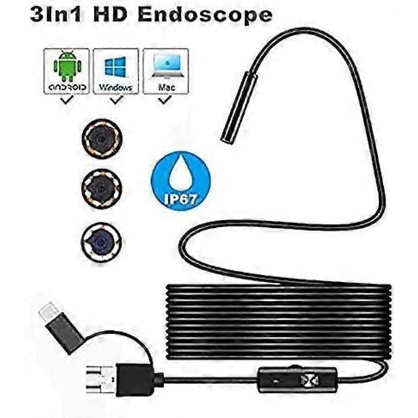 USB Orminspektionskamera, 2.0 MP IP67 Vattentät USB C Borrskop, Typ-C Skopkamera med 8 Justerbara LED-lampor för Android, PC