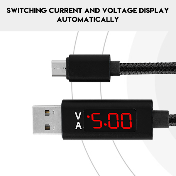 1,2M Snabbladdningskabel Hållbar Nylon Flätad Mikro Kabel Strömspänningsdisplay Svart