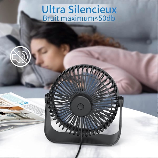 USB Bordventilator, 3 Hastigheds Bordventilator, 360 Justerbar Lydløs Ventilator, Bærbar Ventilator til Kontor, Hjem, Soveværelse, Bil, Udendørs Camping - Sort