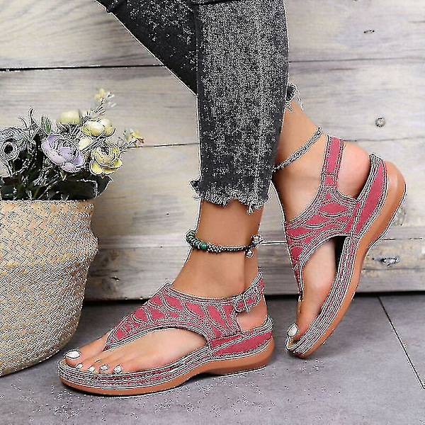 Ortopediska Dam Sandaler Vinröda Casual Platta Flip Flops Låg Kilklack Storlek UK7 (EU41)