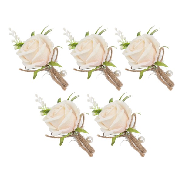 5 stk bryllupsknapphullsbrosje med fast nål i plast, kunstig blomsterkorsasj for brud og brudgom i champagnefarge
