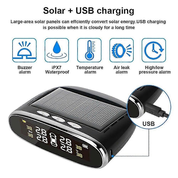 Bil TPMS Sensorer Däcktrycksövervakningssystem Trådlös Solar Auto Däck Diagnostikverktyg Testare Alarm Kit Digitala Tillbehör St1m290 -GSL