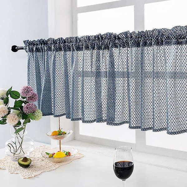 Fönstergardin i fyrkantig spets - 29x39 tum, Vit & Blå
