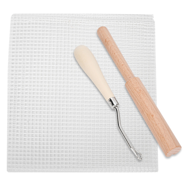 Mesh stof DIY håndlavet tæppe vævet gitterstof materiale 50x50cm træhåndtag hækling