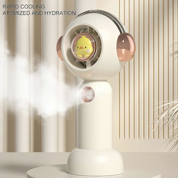 Pieni sumutussuihkulla varustettu tuuletin, atomisointitoiminto, suuri ilmamäärä, ABS, USB, söpö pieni hiljainen kädessä pidettävä tuuletin kotiin, valkoinen