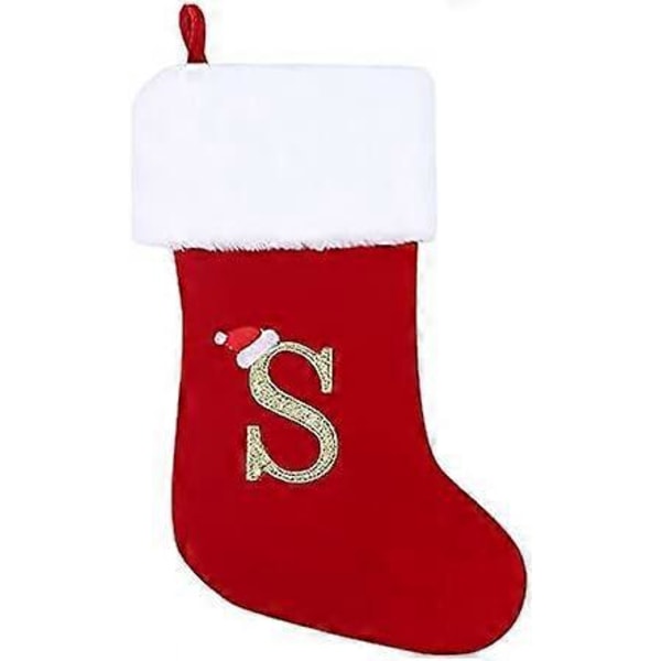 20 tuuman monogrammi joulusukat kirjaimilla, punainen sametti valkoisella erittäin pehmeällä muhkealla hihalla brodeerattu joulusukka (S)