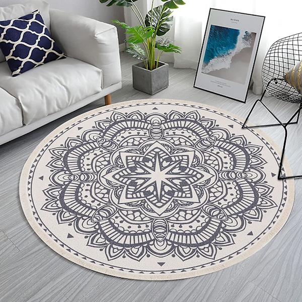 Boho Mandala Rundt Tæppe - Klassisk Moderne Traditionel Stil til Soveværelse eller Stue (120 x 120cm)