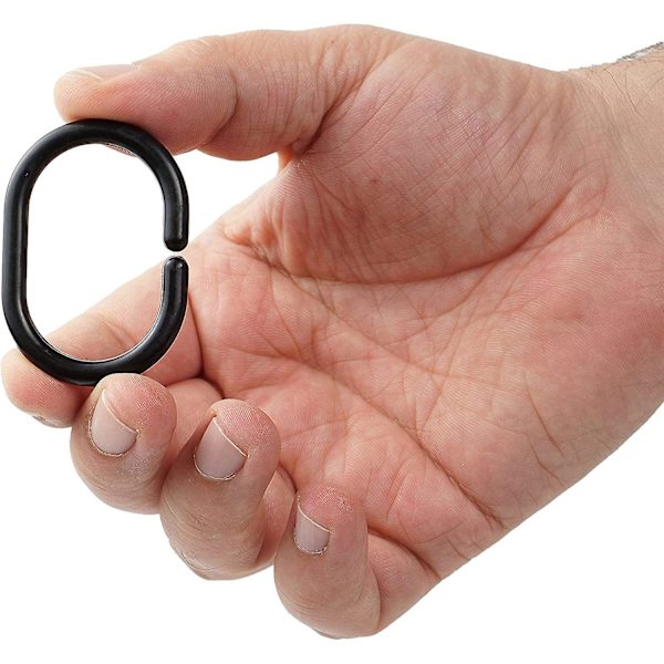Mustat suihkuverhon renkaat - 12 kappaleen pakkaus, 4,6 x 2,9 cm, raskaan sarjan muoviset koukut suihkuverhotangoille