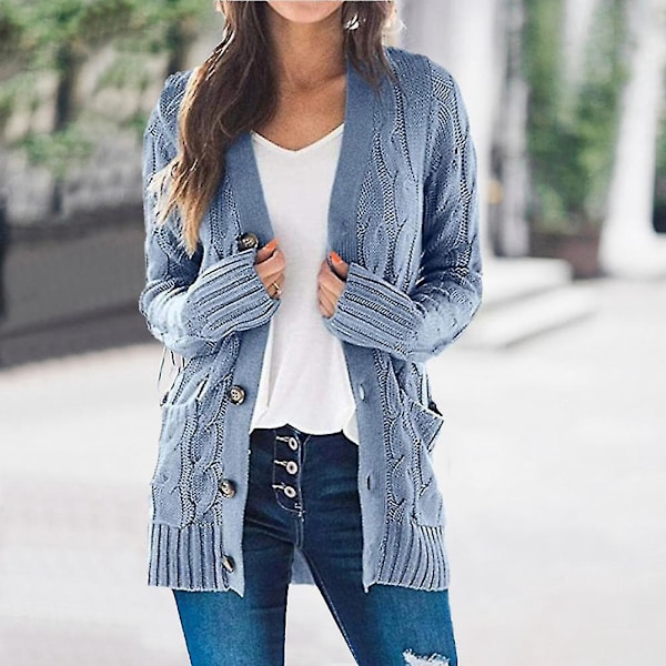 Strik Cardigan med V-hals og Twist-mønster, Enkeltknappet, Lommer med Knapper - XL Army Grøn