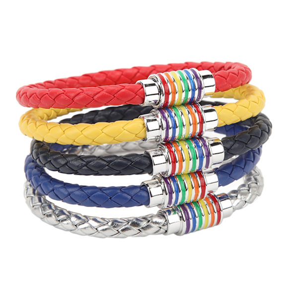 5-pack flätade armband i rött, blått, silver, gult och marinblått med magnetiskt spänne i läder för present