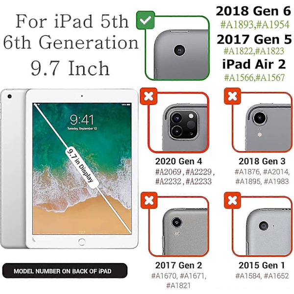 2025 Ny iPad 6. generations etui, iPad 5. generations etui, iPad Air 2 360 graders drejeetui, Smart roterende iPad beskyttende 9,7 tommer model