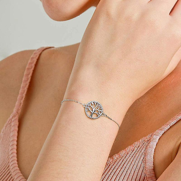Sterling hopea Tree of Life -rannekoru - Säädettävä 16+3cm - Mukana lahjapakkaus