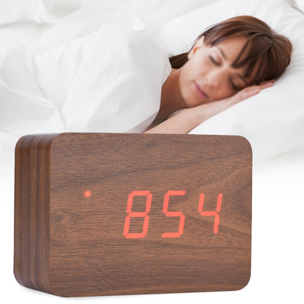 Træ Elektronisk Digital Vækkeur Temperatur LED Display Lyd Kontrol Brun