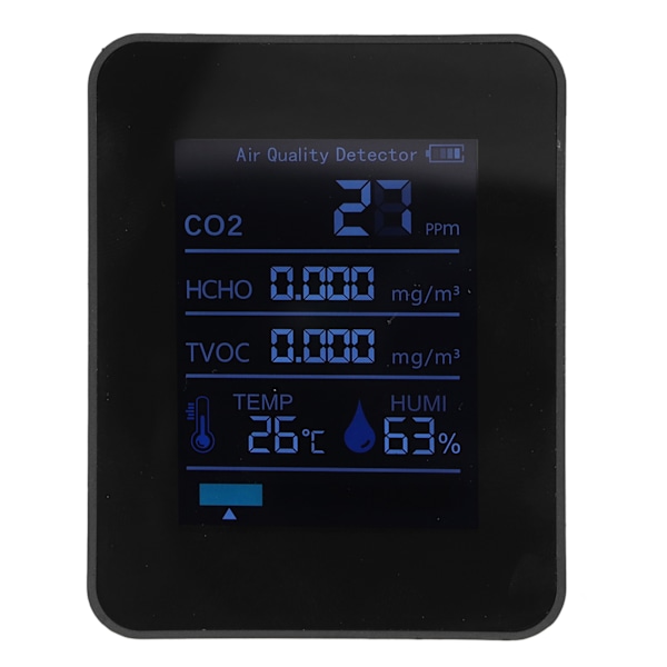 5 i 1 kuldioxiddetektor ABS elektroniske komponenter 1500mah temperaturfugtighedsmåler til hjemmekontor sort