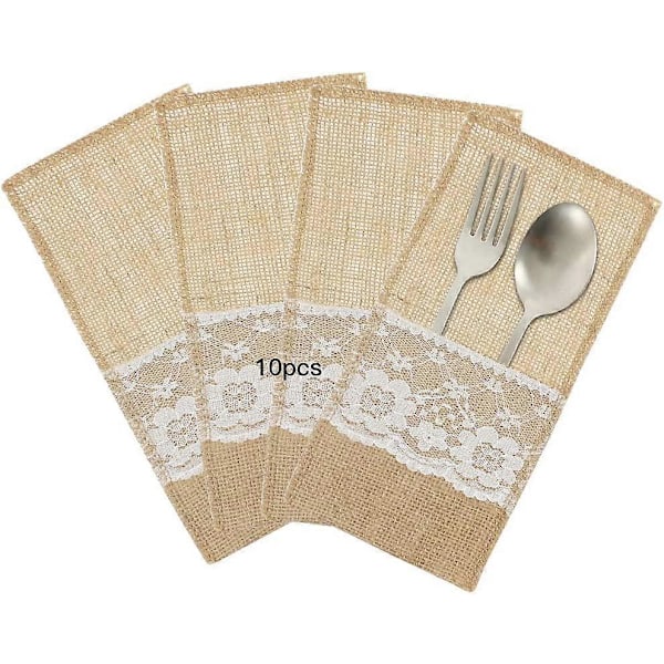 10 stk. Bestikposer i jute med blonde, bestiktasker i jute med blonde