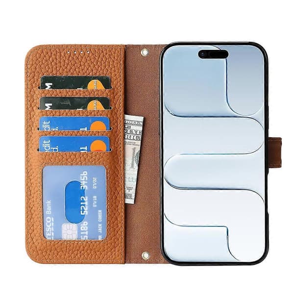 Compatible with iPhone Air Stand Case Litchi Texture Genuine Cowhide Wallet Case RFID DarkYellow