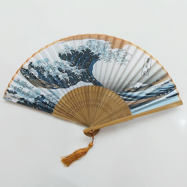 Bambus- og Nylonstof Foldbar Håndholdt Fan til Kvinder/Mænd - Ocean Wave