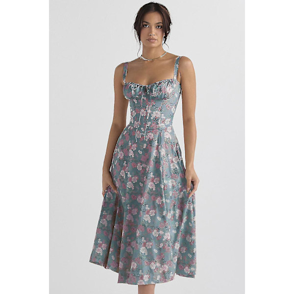 Floral Print Ærmeløs Ruched Buste Split Lår Boho Midi Kjole L blå og hvid