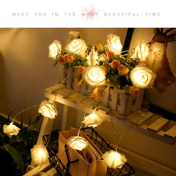 LED-strålkastare Imitation Rose String Light Bröllop String Light Festival Dekoration Ljus Varm Vit