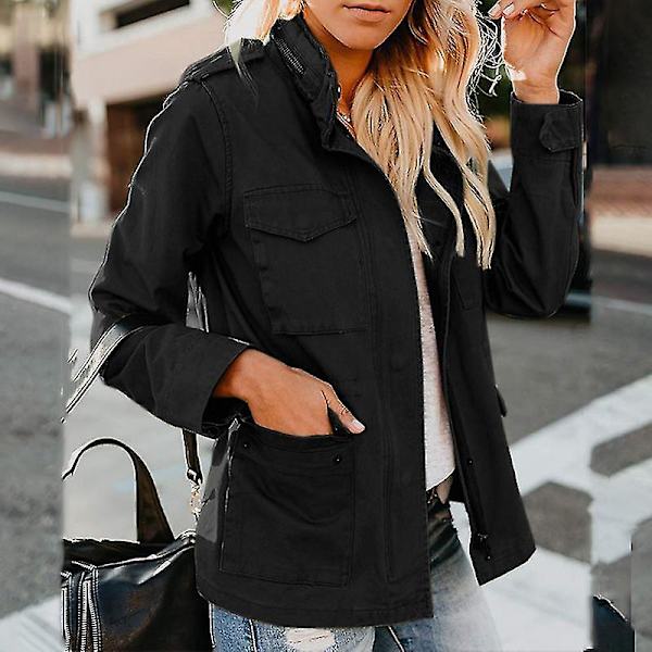 Snap-Knap Militærjakke Kvinder Streetwear Efterårsjakke Sort Utility Langærmet