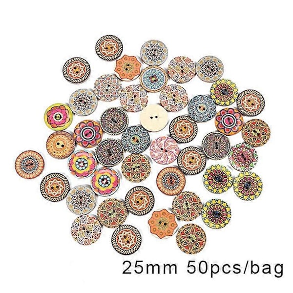 100 25 mm mønstrede træknapper til håndarbejde, 1-tommers træknapper, forskellige retro runde træblomsterknapper, dekorative knapper med 2 huller,