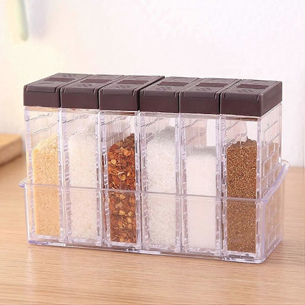 6 Kryddburkar, Transparent Kryddströare i Plast, Kryddlåda, Kryddflaska med Bricka, Set med 6 Kryddbehållare för Kök BBQ
