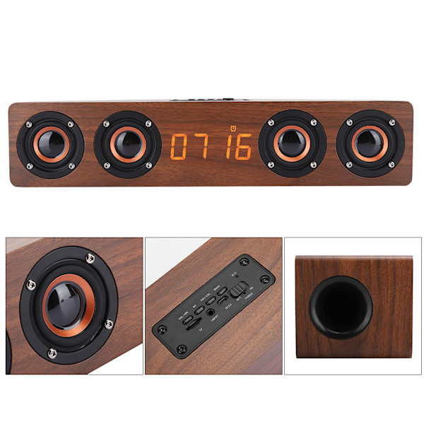 W8C Högkvalitativ Bluetooth-högtalare i massivt trä med LED-klockdisplay och FM-funktioner