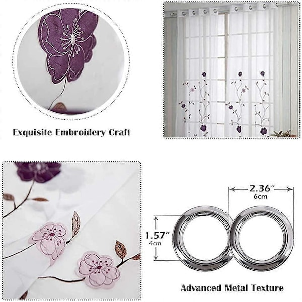 Sæt med 2 blomsterbroderede, transparente blondegardiner til soveværelse, køkken, stue, 140cmx175cm, lilla
