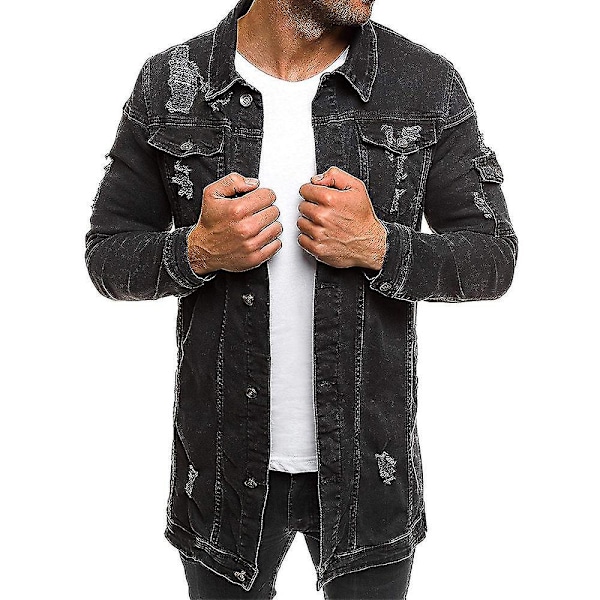 Langærmet slidt denimjakke til mænd med lommer XL sort