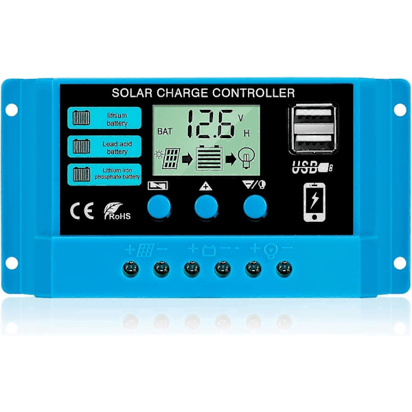 30A 12V/24V Laderegulator Smart Solcellepanel Laderegulator med LCD-skjerm og 5V/3A USB-port Egnet for forskjellige typer batterier Enkel å