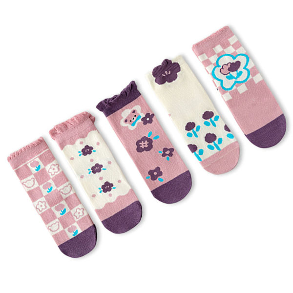 5 par babystrumpor med blommönster, volangkant, mjuka bomullsstrumpor för spädbarn, höst, lila, XL (9-12 år)